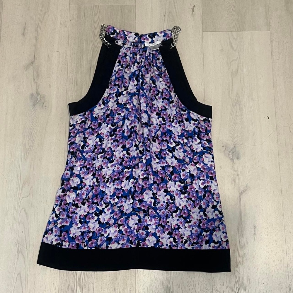 Caché purple SILK floral print halter top with chain strap halter y2k top